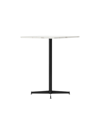 An angled shot of the Nook Counter Table with a white marble top and a slim black steel base, set against a black background.