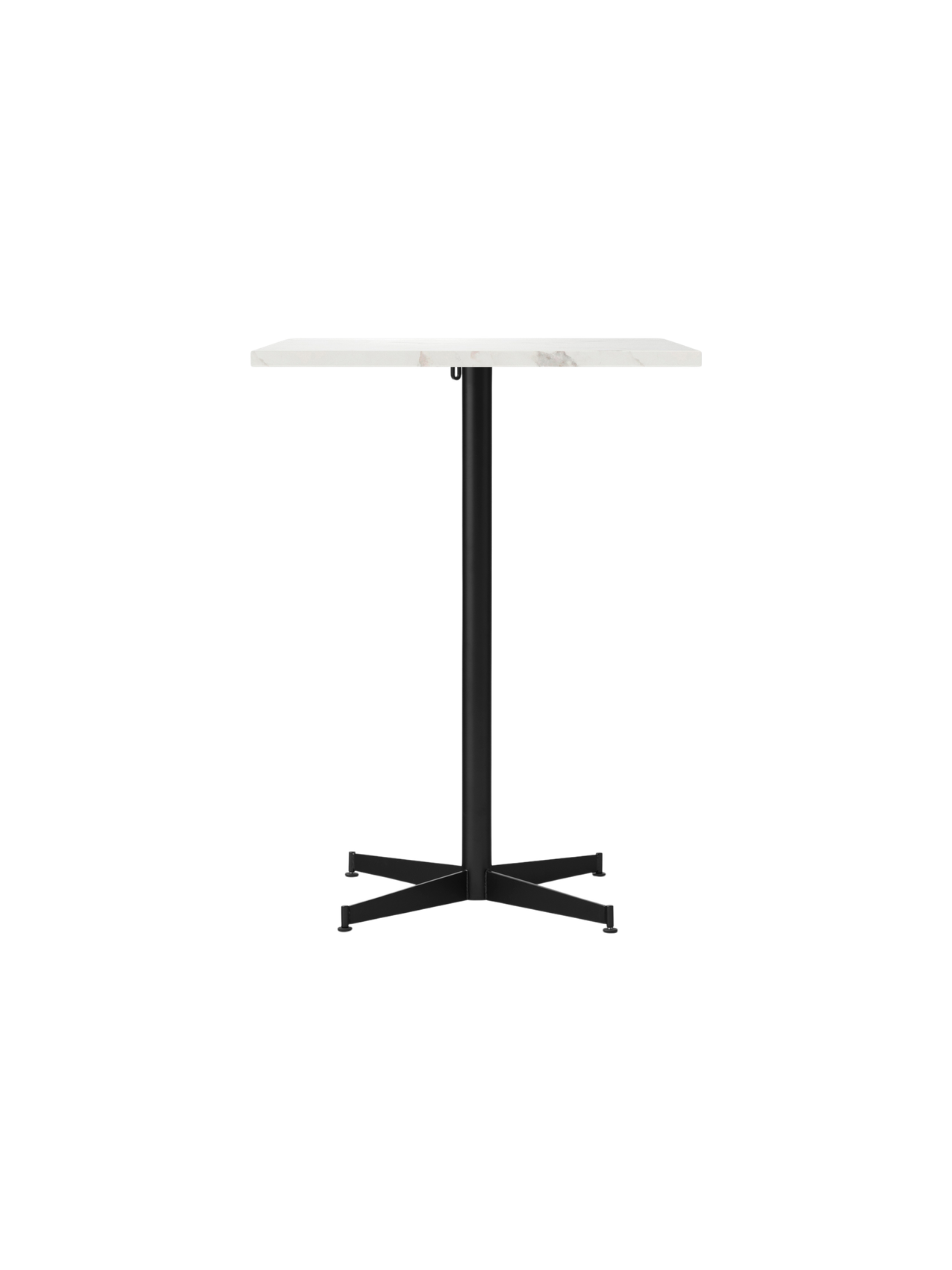 Front view of the Nook Counter Table, featuring a rectangular white marble tabletop and a black pedestal base with four feet.