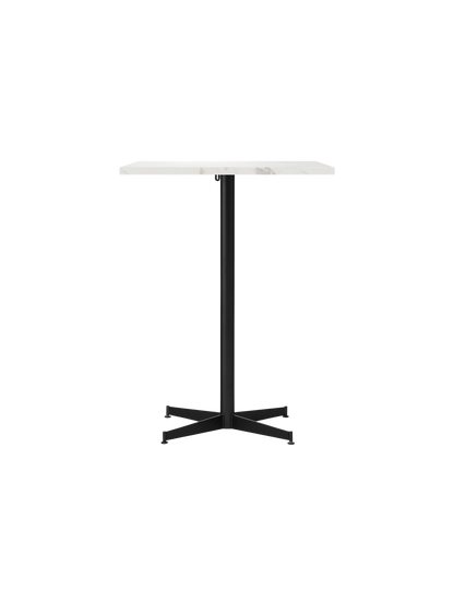 Front view of the Nook Counter Table, featuring a rectangular white marble tabletop and a black pedestal base with four feet.