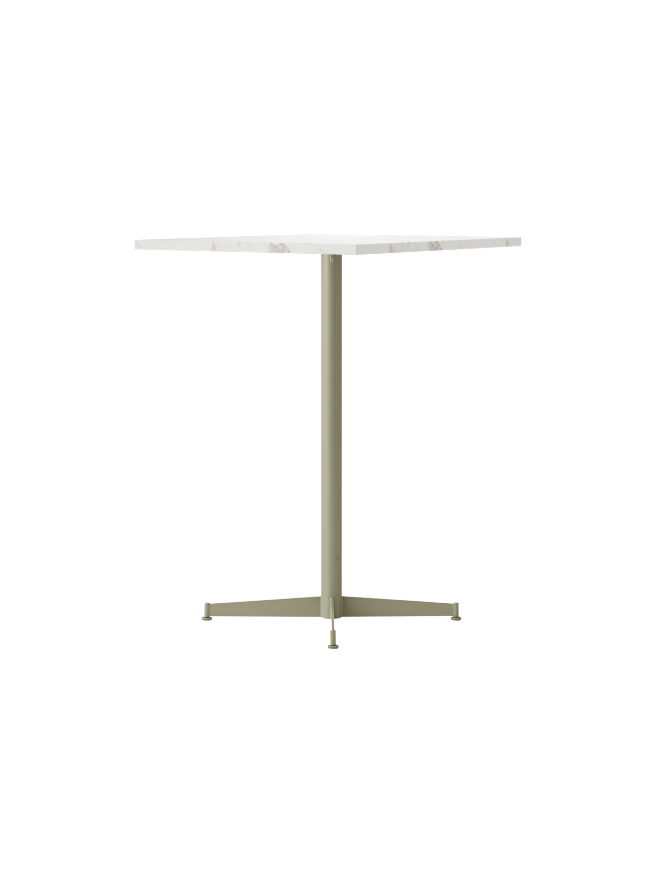An angle view of the Nook Counter Table, featuring a square white marble top and olive-coloured central pedestal base.