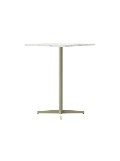 An angle view of the Nook Counter Table, featuring a square white marble top and olive-coloured central pedestal base.