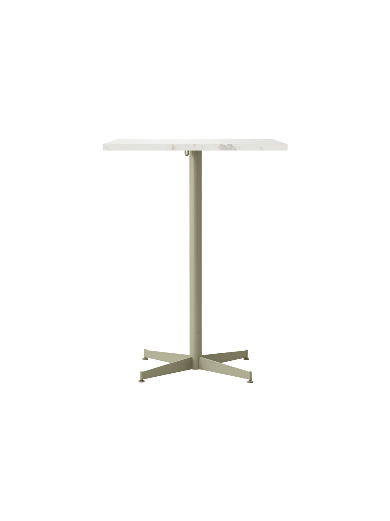 Front view of the Nook Counter Table with a rectangular marble top and a slim, olive-coloured pedestal base with four feet.