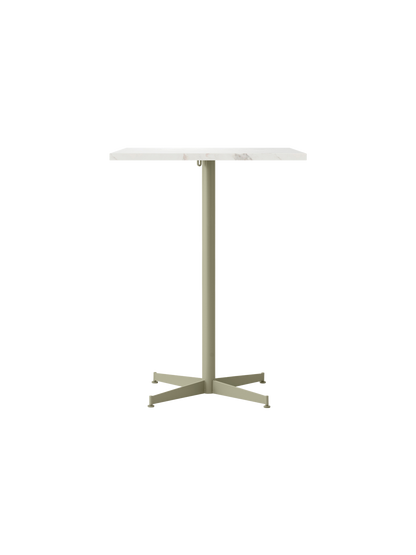 Front view of the Nook Counter Table with a rectangular marble top and a slim, olive-coloured pedestal base with four feet.