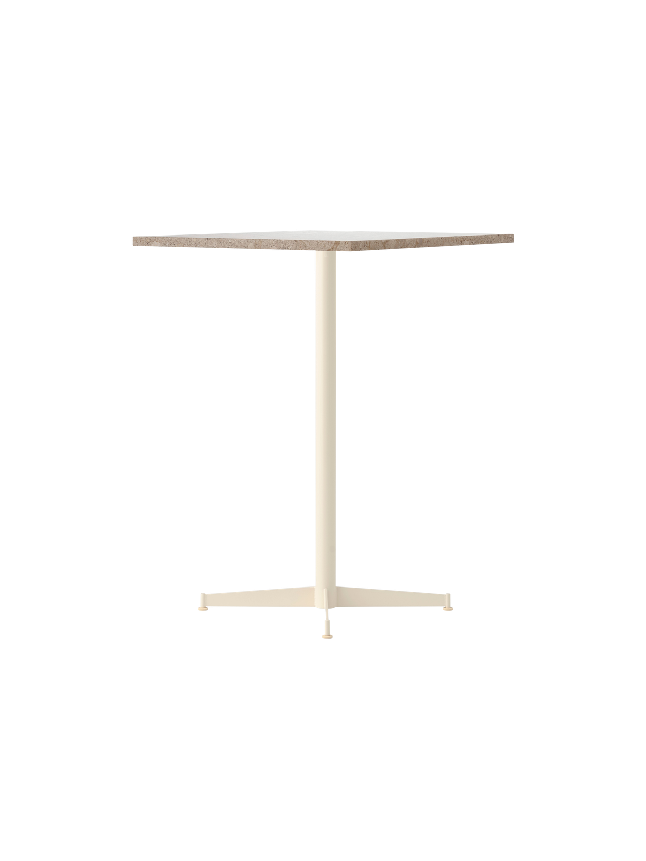An angle view of the Nook Counter Table, featuring a textured Kunis Breccia stone top and a slender ivory pedestal base.