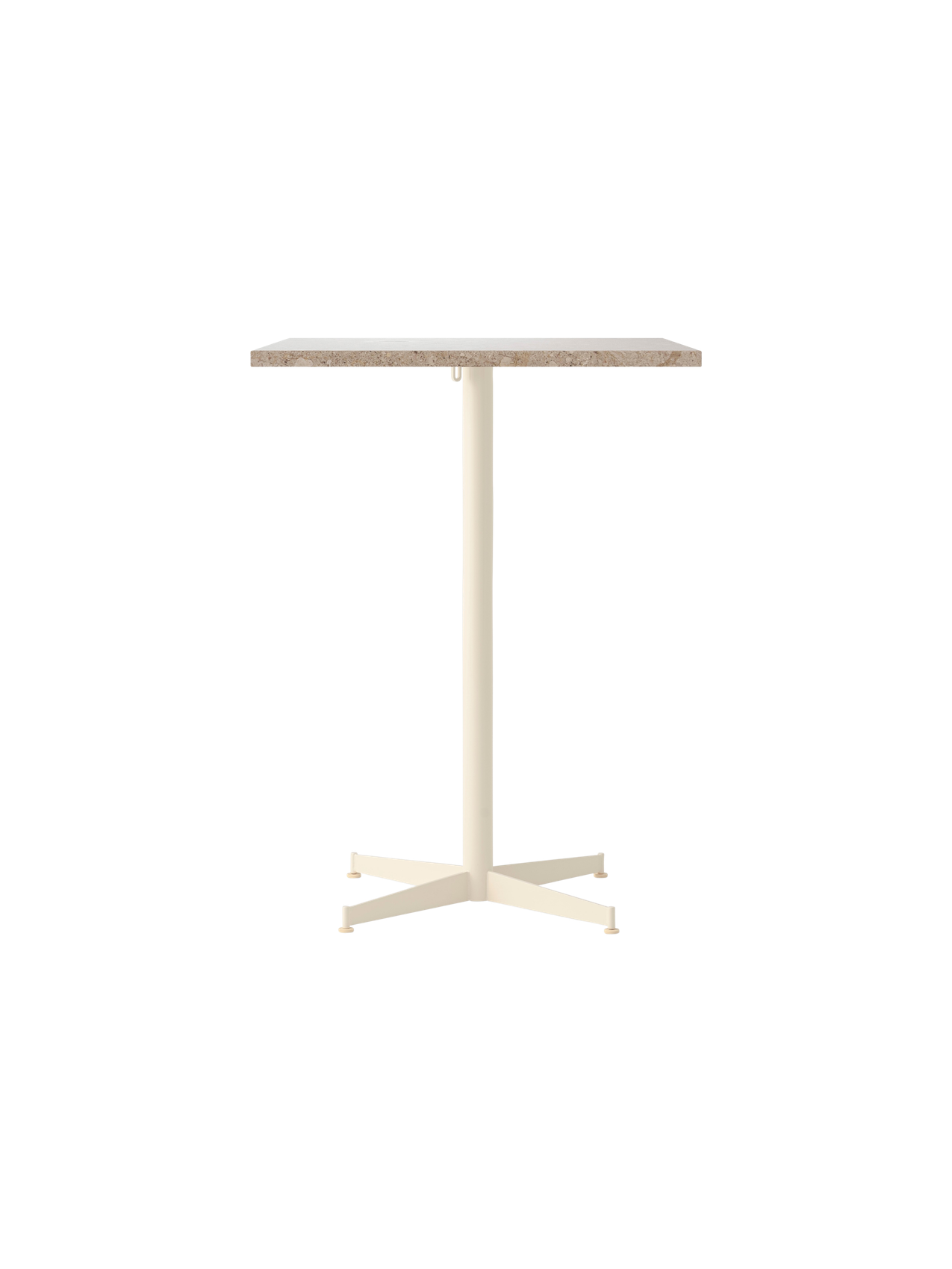 Front view of the Nook Counter Table with a square Kunis Breccia stone tabletop and an ivory-coloured metal pedestal base.