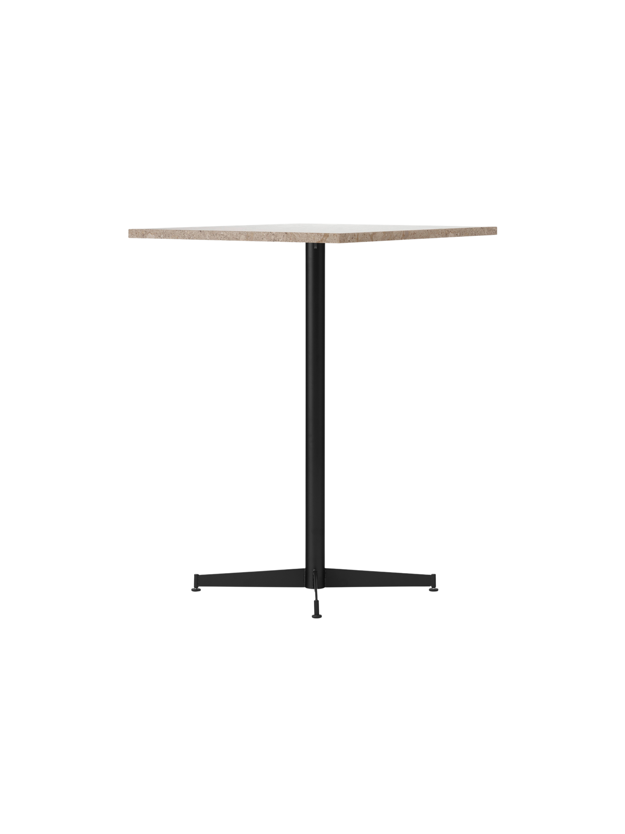 Angle view of the Nook Counter Table, showcasing its textured Kunis Breccia stone top and minimalist black steel central leg.