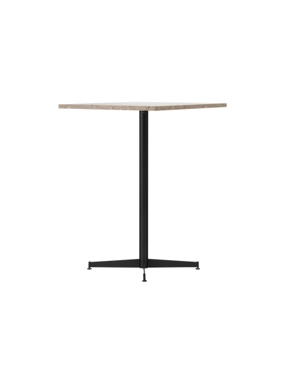 Angle view of the Nook Counter Table, showcasing its textured Kunis Breccia stone top and minimalist black steel central leg.