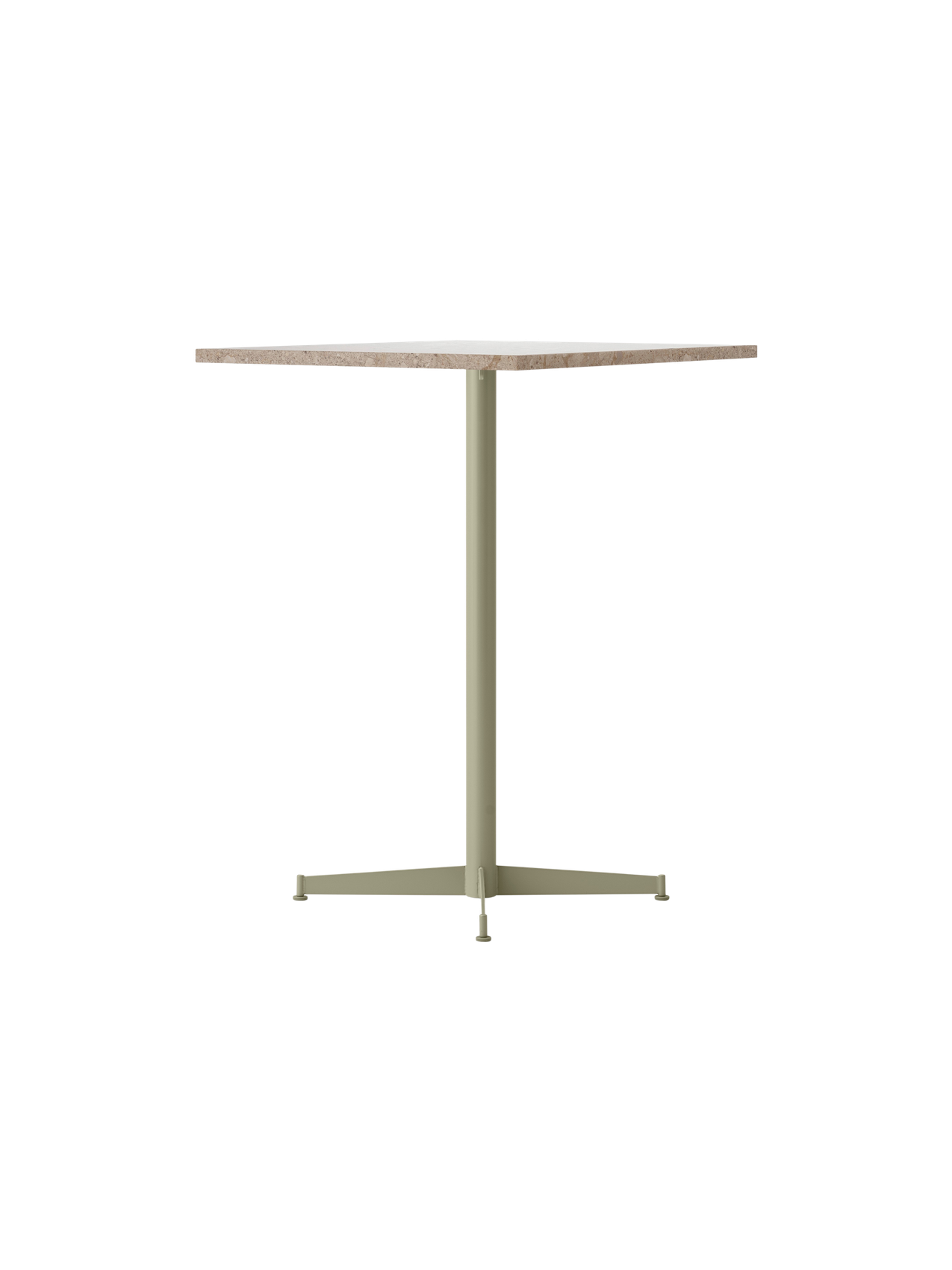 Angled view of the Nook Counter Table, featuring a Kunis Breccia Stone top and a powder-coated steel base in Olive.