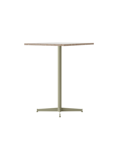 Angled view of the Nook Counter Table, featuring a Kunis Breccia Stone top and a powder-coated steel base in Olive.