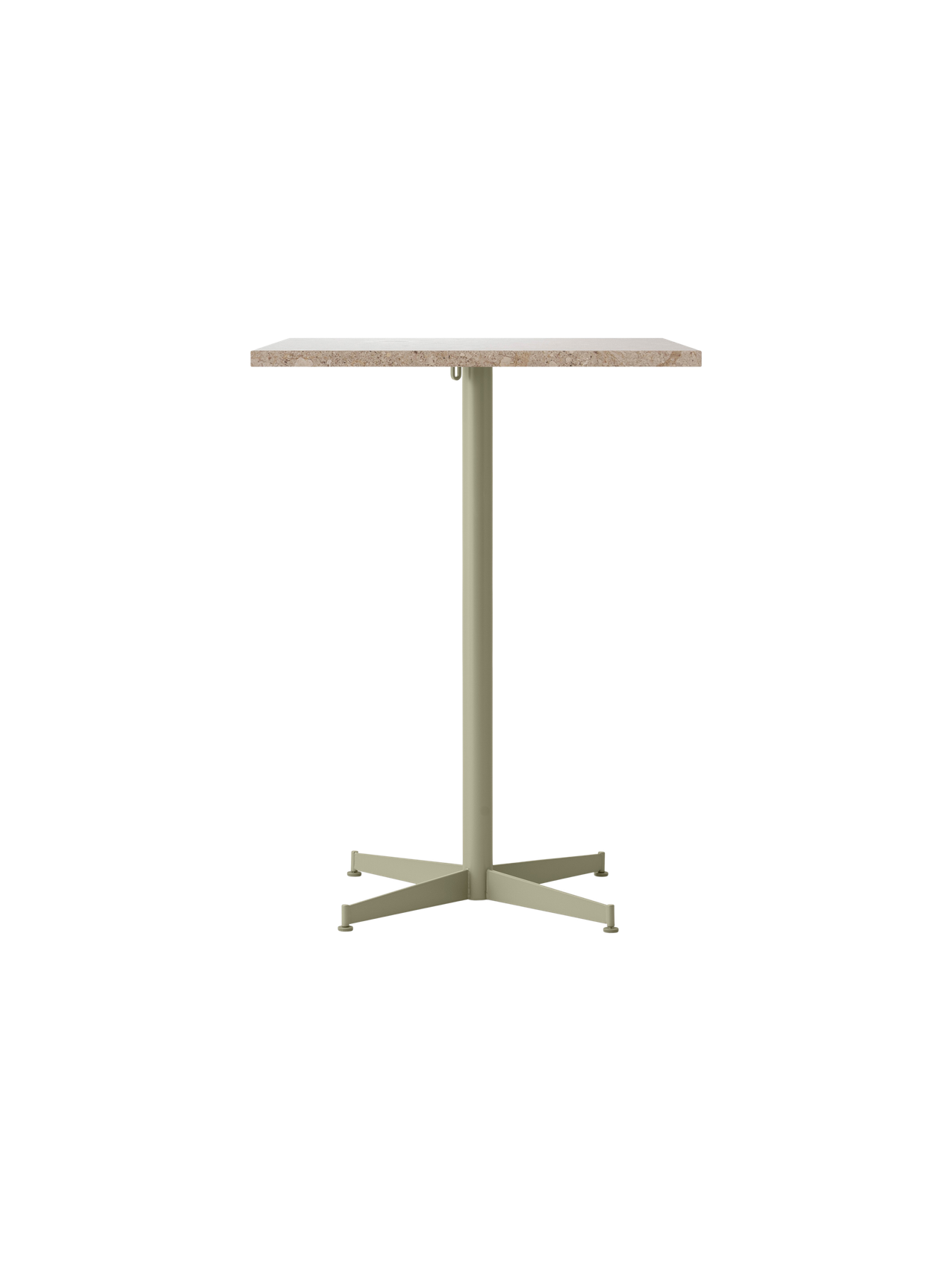 Front view of the Nook Counter Table with a rectangular Kunis Breccia stone top and an olive powder-coated steel base.