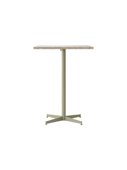 Front view of the Nook Counter Table with a rectangular Kunis Breccia stone top and an olive powder-coated steel base.