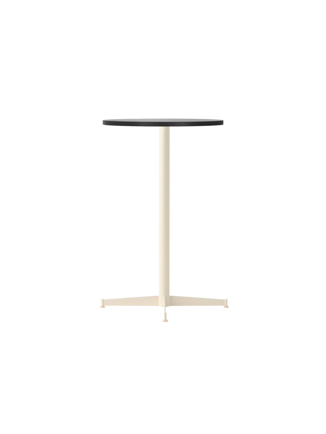 The Nook Counter Table with a round black oak top and an ivory pedestal base with four feet, viewed from an angle.