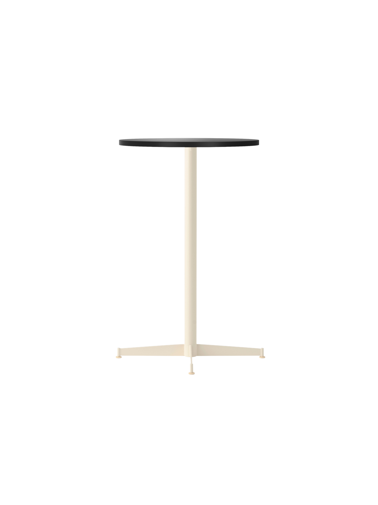 The Nook Counter Table with a round charcoal linoleum top and an ivory powder-coated steel base, shown from an angle.