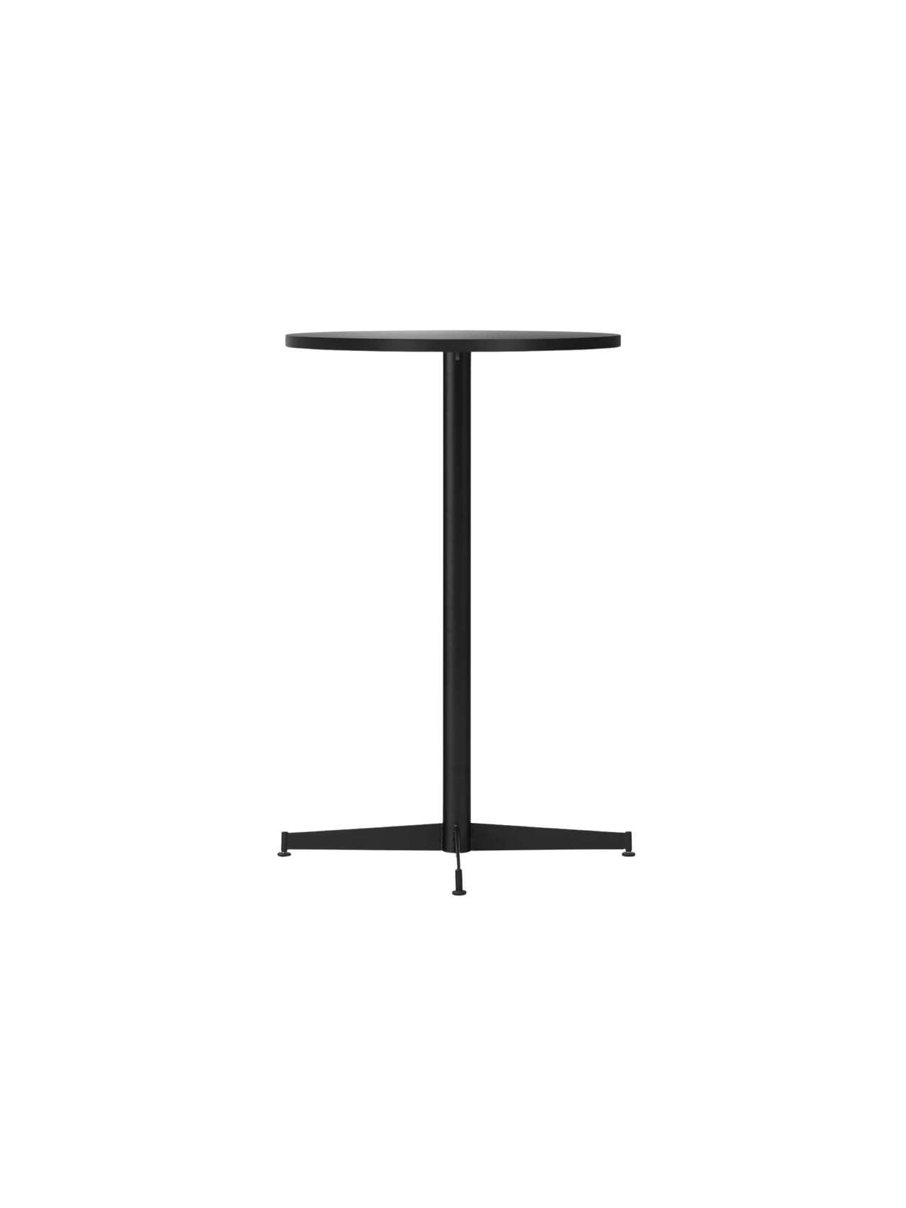 An angled view of the Nook Counter Table, featuring a round charcoal linoleum top and a slender black steel pedestal base.