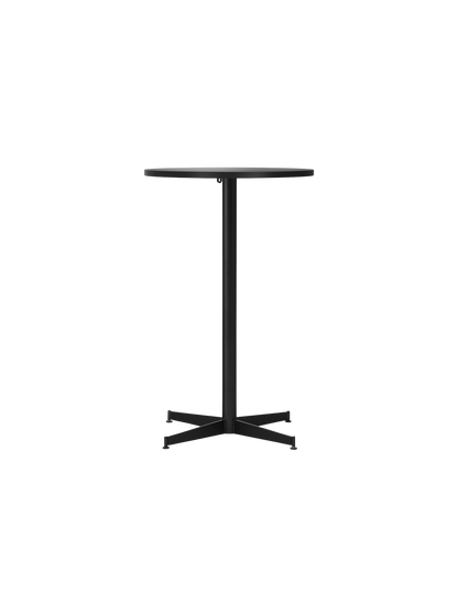 A front view of the Nook Counter Table with a round charcoal linoleum top and a black pedestal with an X-shaped base.