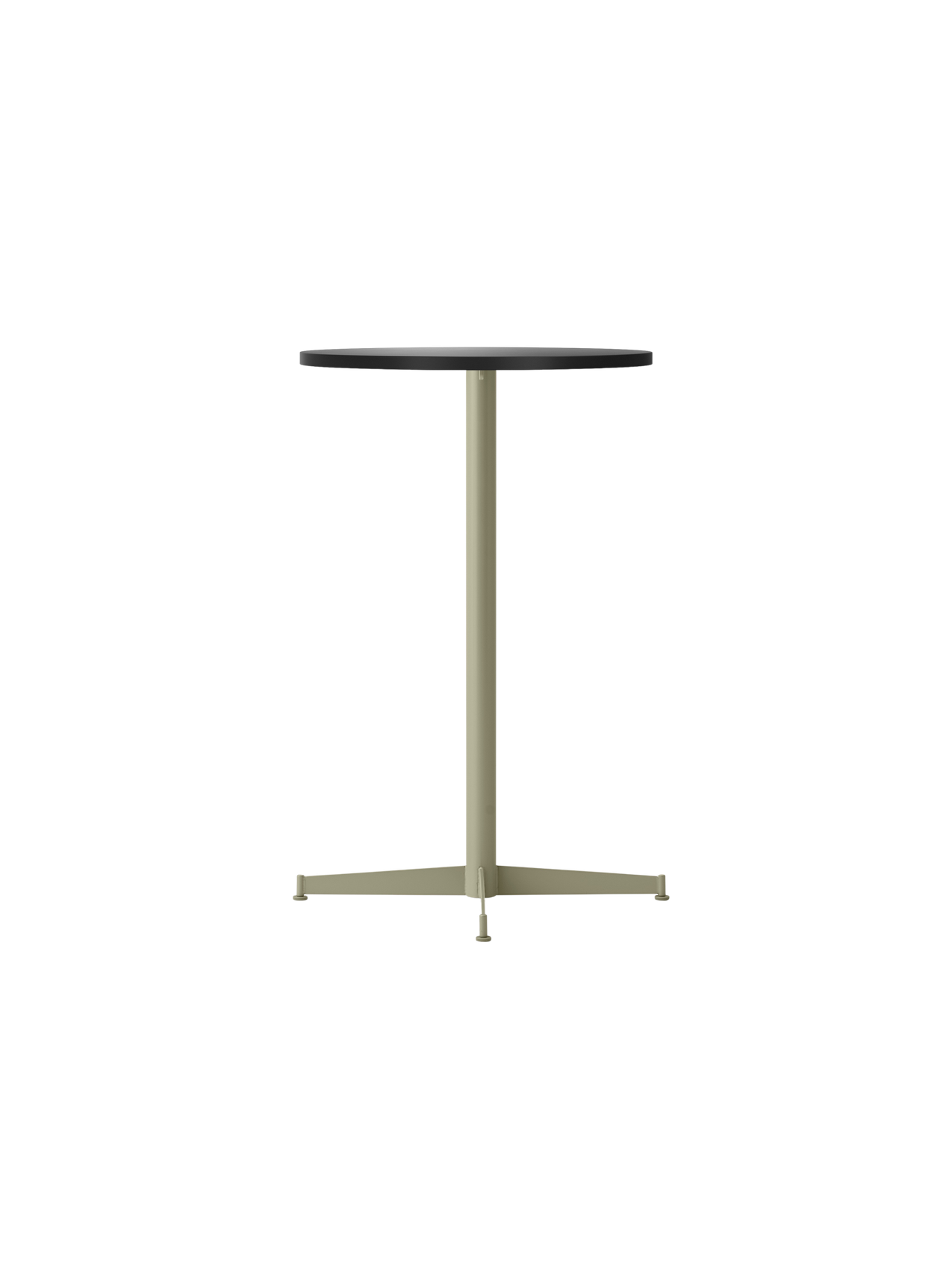 Angled view of the Nook Counter Table with a circular charcoal linoleum top and slender olive metal pedestal base.