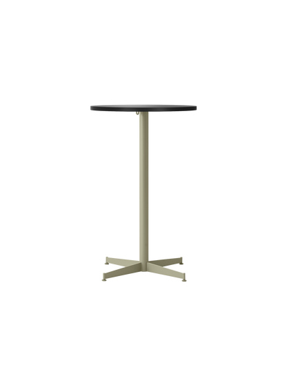 A front view of the Nook Counter Table, featuring a round, charcoal linoleum tabletop and a slender, olive-coloured base.