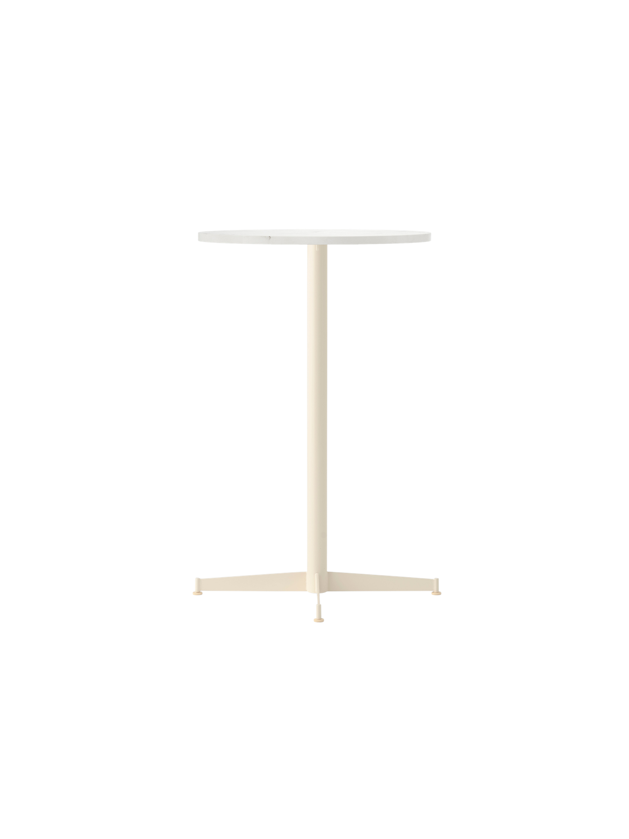 Angle view of the Nook Counter Table, featuring a round Estremoz marble tabletop and a slim, four-pronged ivory base.