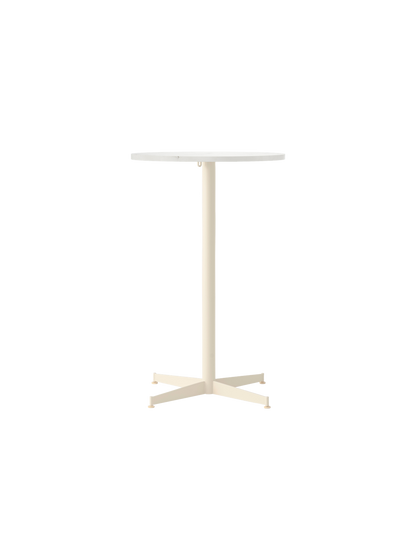 Front view of the Nook Counter Table, featuring a round Estremoz Marble tabletop and an ivory powder-coated steel base.