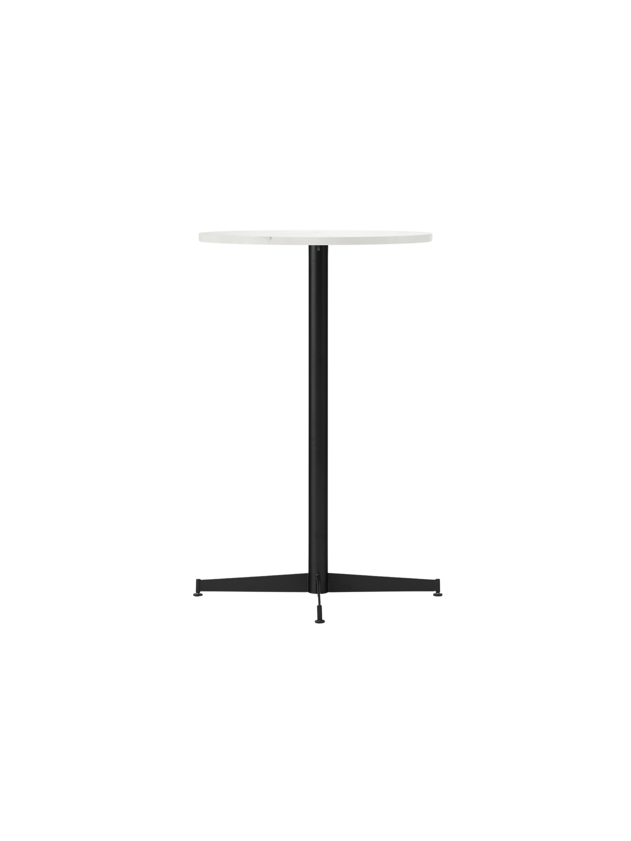 An angled view of the Nook Counter Table with a round white Estremoz marble top and black powder-coated steel pedestal base.
