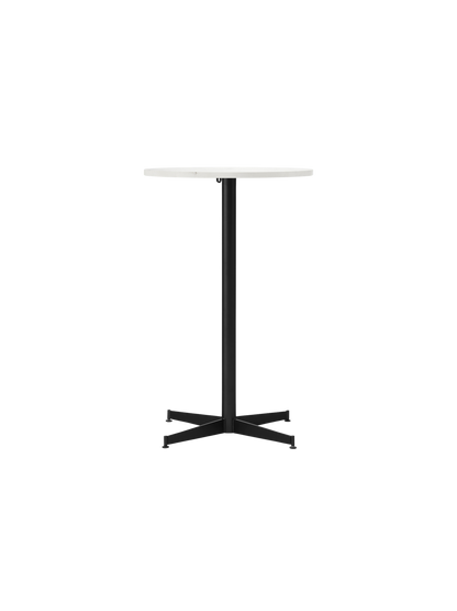 A front view of the Nook Counter Table, featuring a round Estremoz marble top on a slim, black pedestal base.