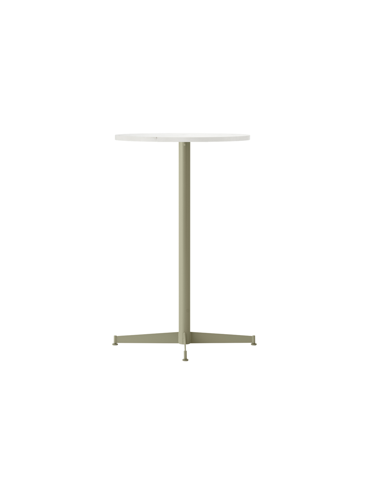 Angle view of the Nook Counter Table with a round Estremoz marble top and a slender, olive green powder-coated base.