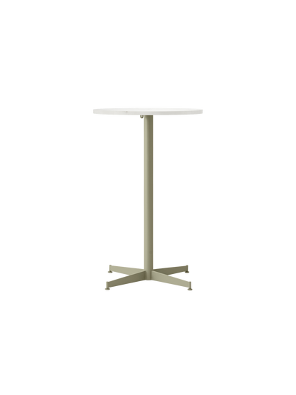 Front view of the Nook Counter Table with a round Estremoz marble top and an olive green four-pronged pedestal base.