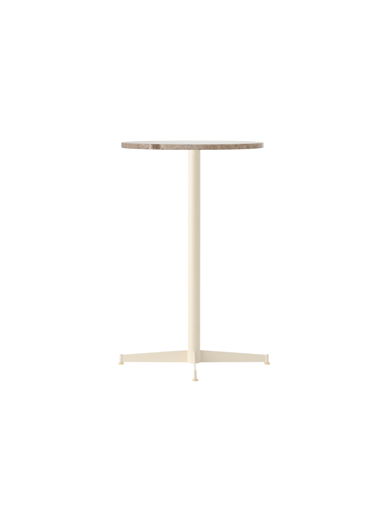 The Nook Counter Table shown at an angle, featuring a round Kunis Breccia stone top and a slim, ivory-coloured metal base.