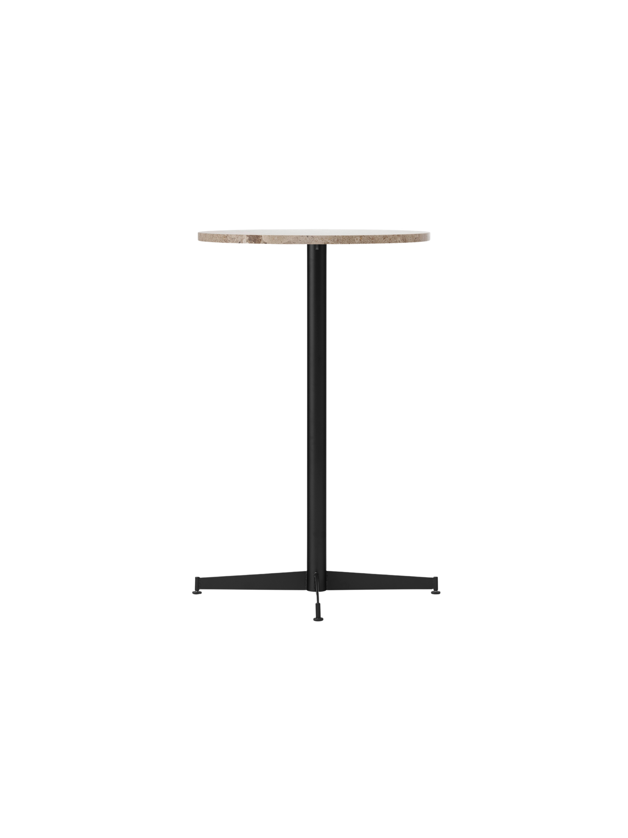 Nook Counter Table shown from an angle, with a circular Kunis Breccia stone top and a slim, black powder-coated steel base.