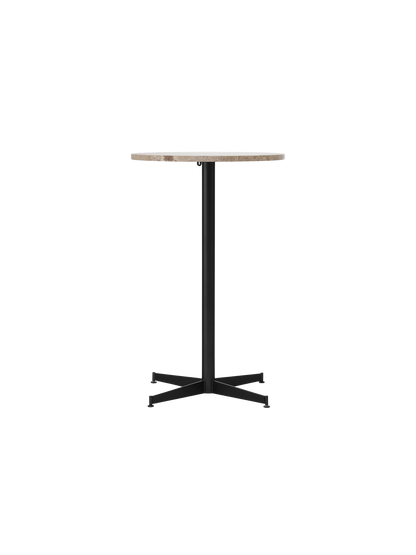 Front view of the Nook Counter Table with a round Kunis Breccia stone top and a slim black metal pedestal base.