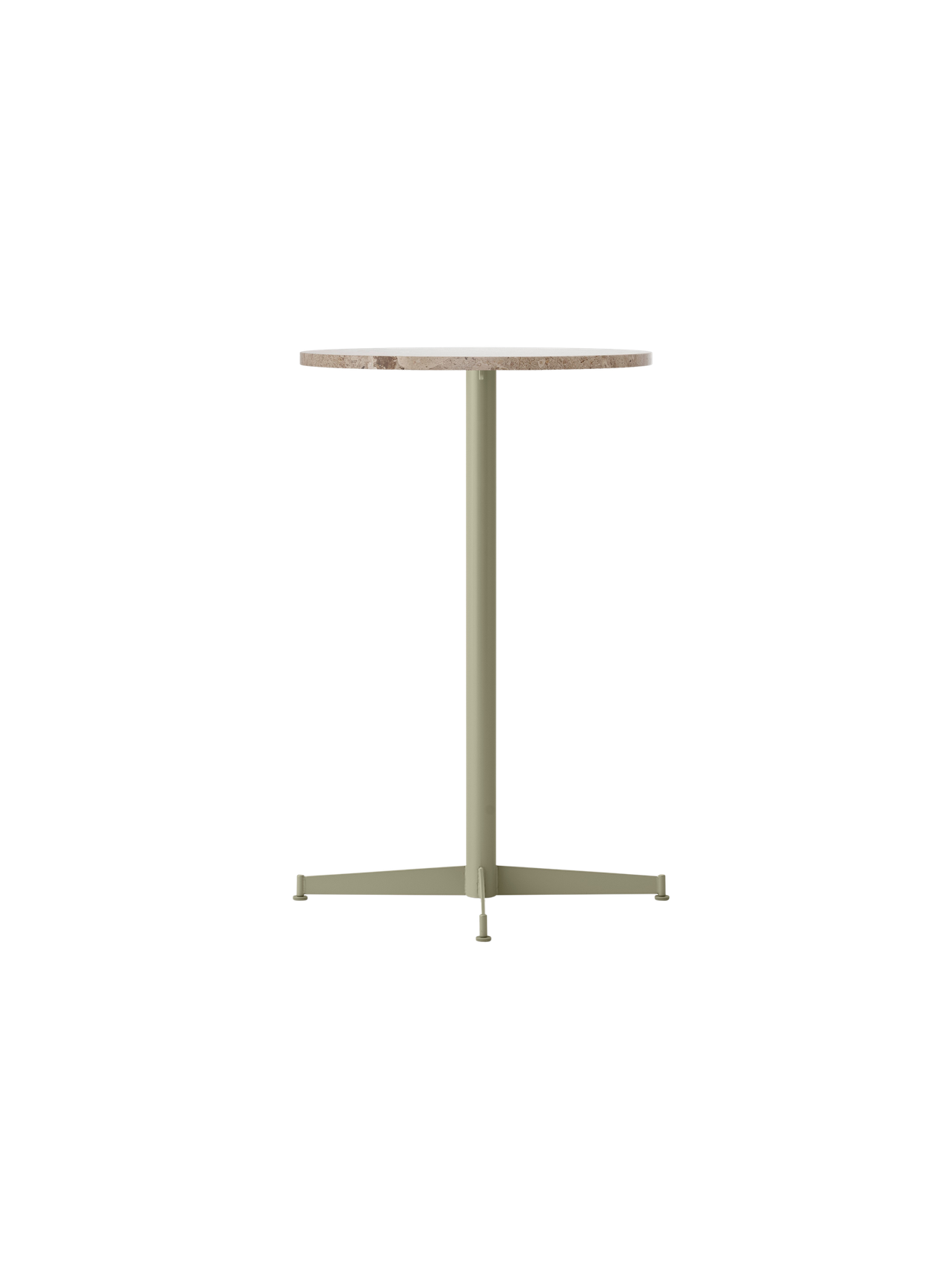 Angled view of the Nook Counter Table with a round Kunis Breccia stone top and an olive powder-coated steel base.