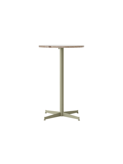 Front view of the Nook Counter Table, featuring a round Kunis Breccia stone top on a slender, olive metal pedestal base.