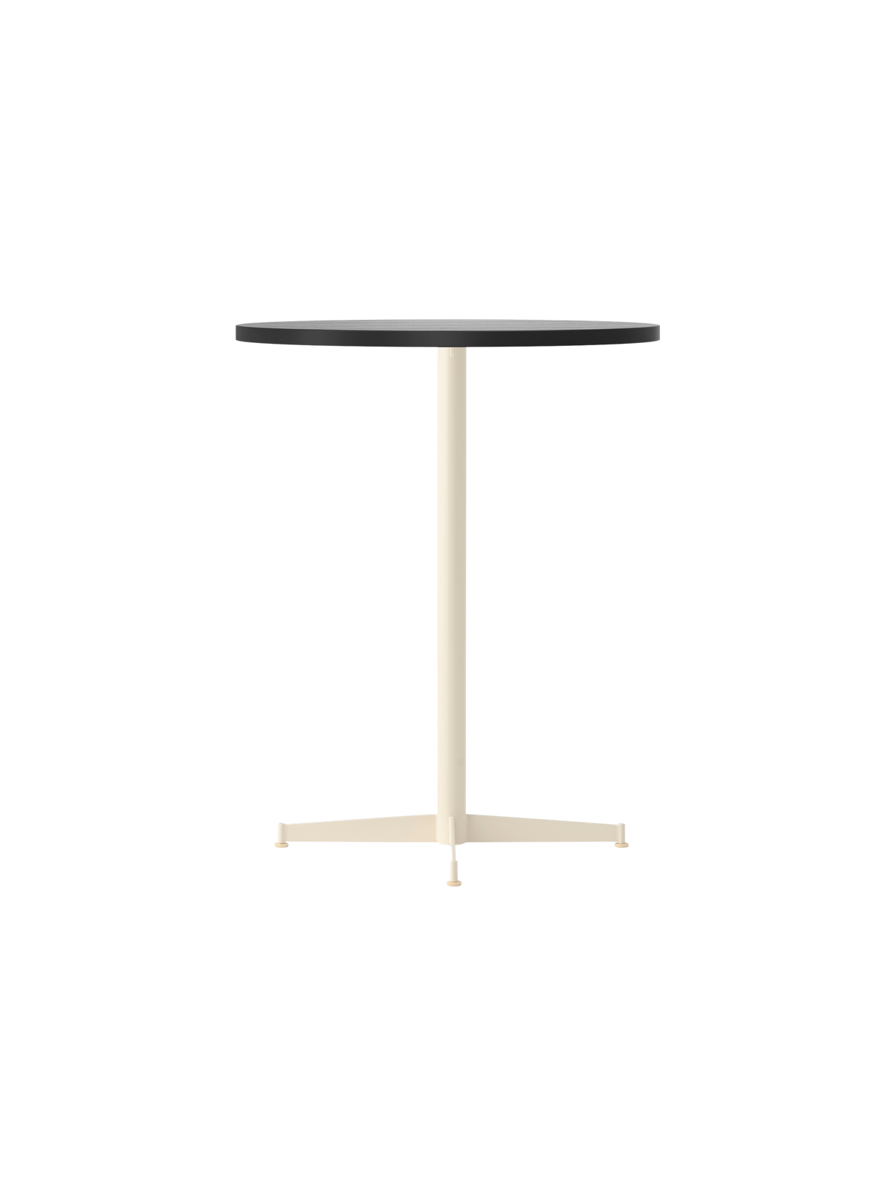 An angled view of the Nook Counter Table, featuring a round, charcoal linoleum top and a slender, ivory-coloured metal base.