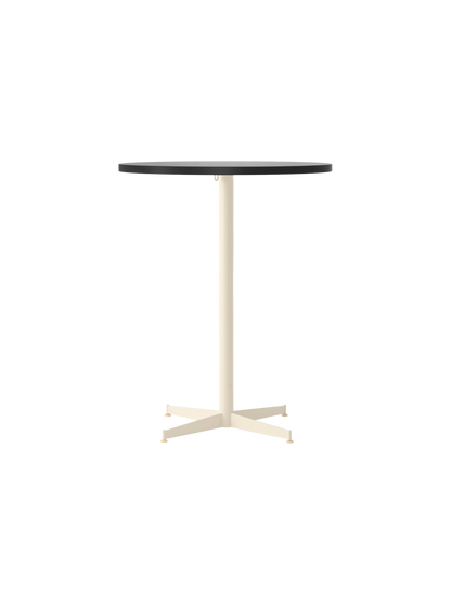 Front view of the Nook Counter Table with a round Kunis Breccia Stone top and an ivory powder-coated steel four-star base.