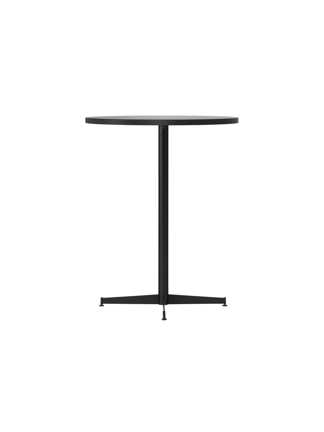 Angled view of the Nook Counter Table, showing its round light tabletop, slim black central column, and four-pronged base.