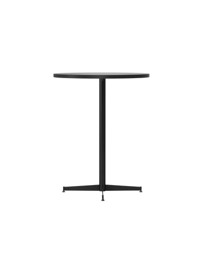 Angled view of the Nook Counter Table, showing its round light tabletop, slim black central column, and four-pronged base.