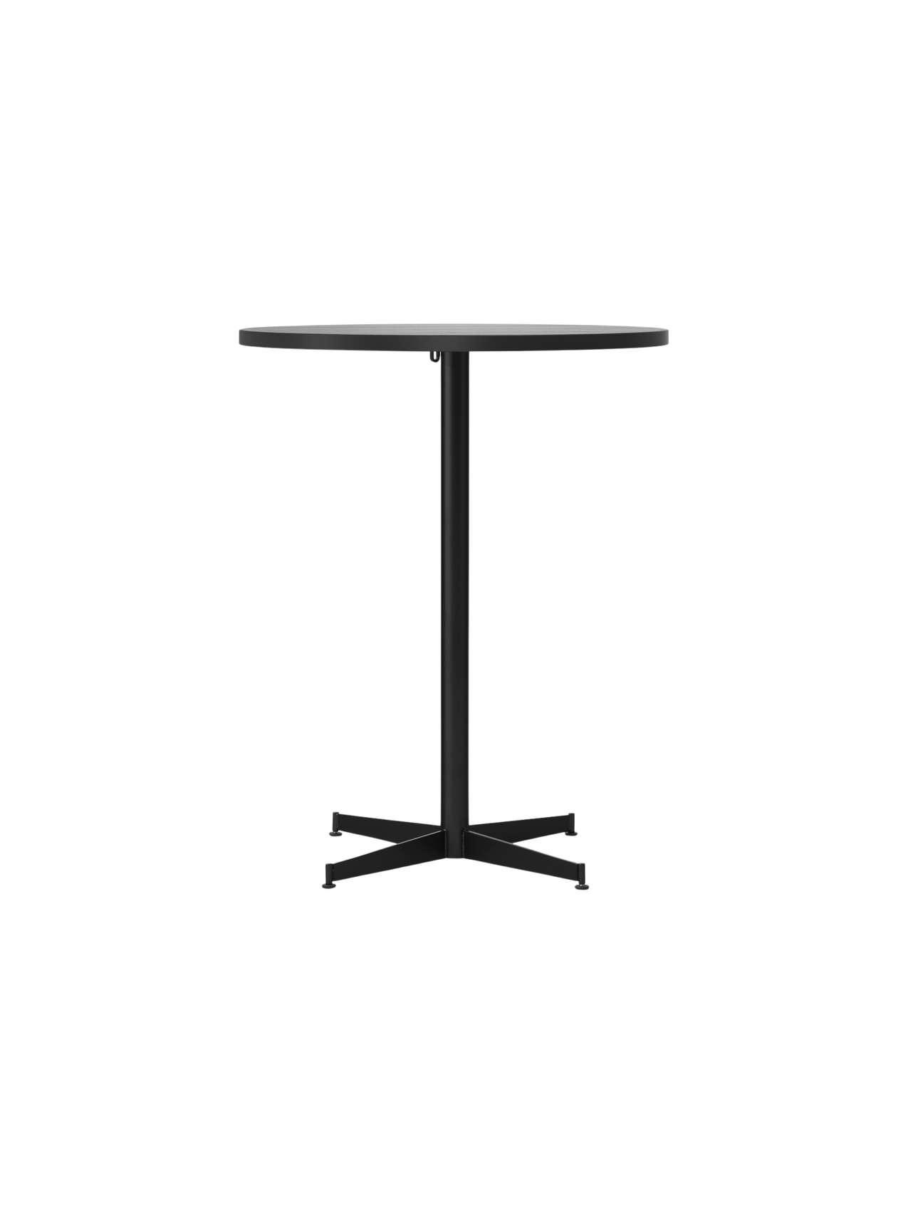 Front view of the Nook Counter Table with a circular, patterned light stone top supported by a slim black pedestal base.