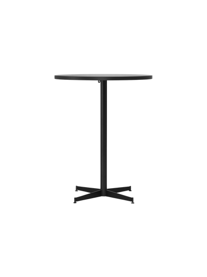 Front view of the Nook Counter Table with a circular, patterned light stone top supported by a slim black pedestal base.