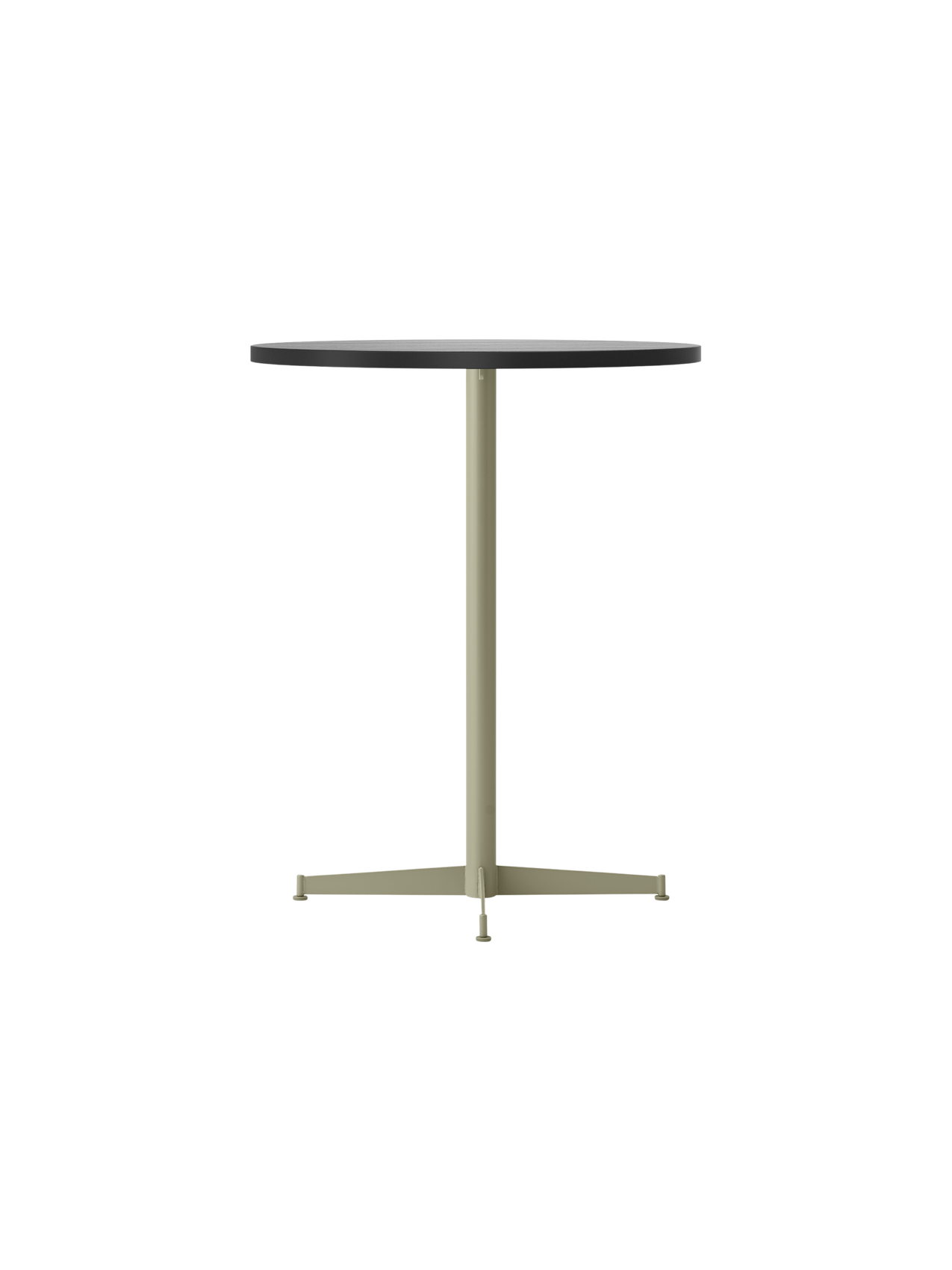 Angled view of the Nook Counter Table, featuring a round Kunis Breccia stone top and a four-pronged olive metal base.