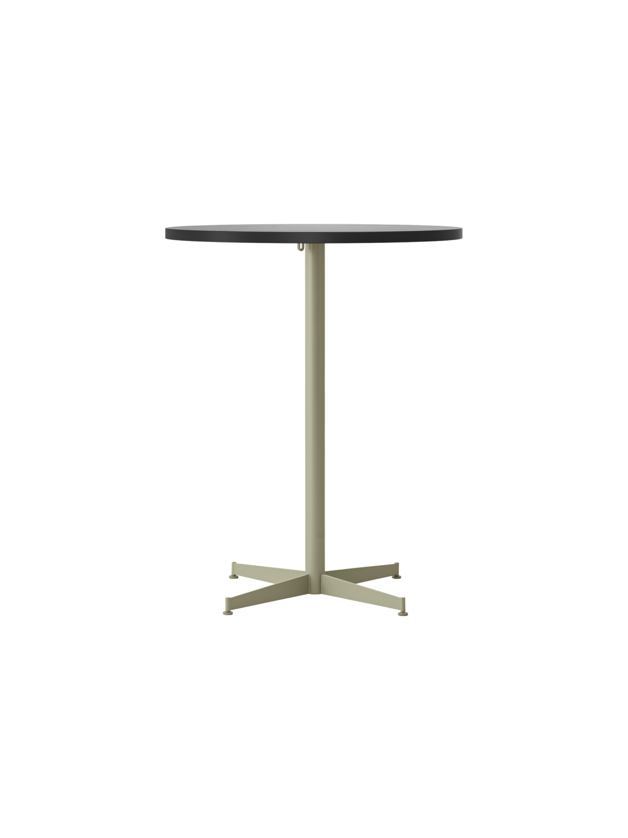 Front view of the Nook Counter Table with a round, light-coloured top and a pale olive-green base on a four-star foot.
