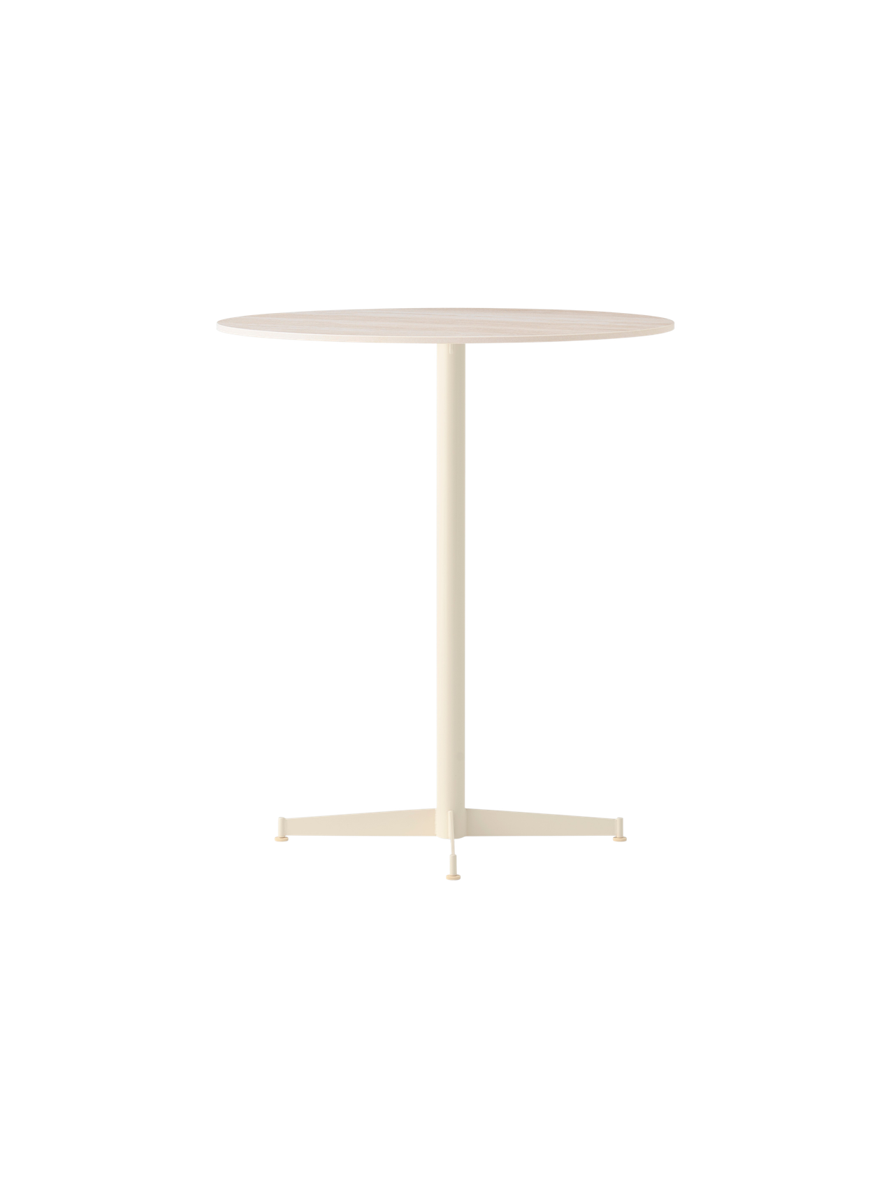 Nook Counter Table in an ivory finish, seen from an angle. It has a circular top, slim central leg and a four-star base.