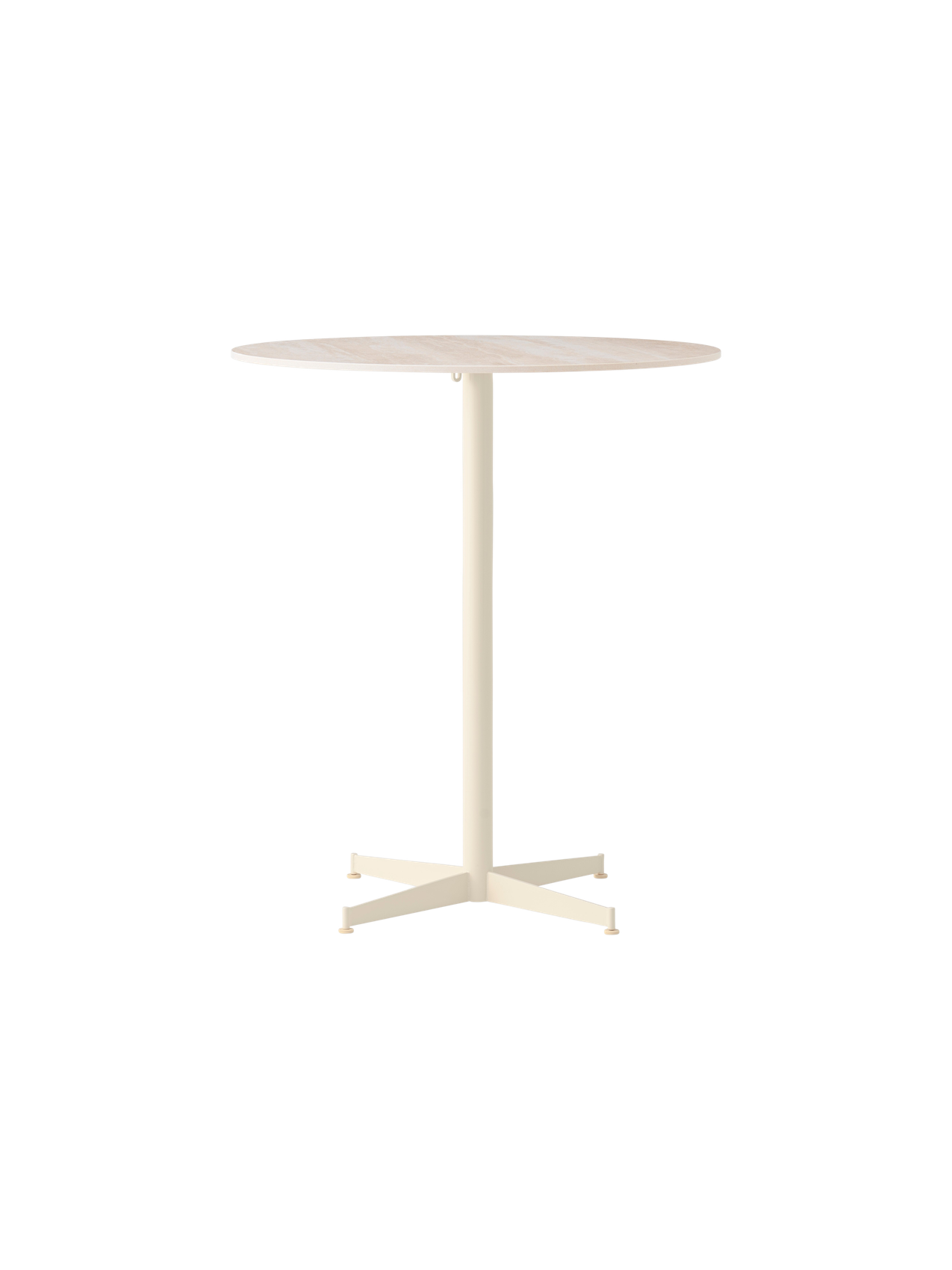 Front view of the Nook Counter Table, with a round, light-coloured marble top on a slim, ivory pedestal base with four feet.