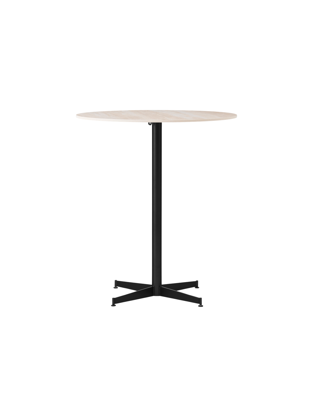 Front view of the Nook Counter Table, featuring a round Kunis Breccia stone tabletop on a black powder-coated steel base.