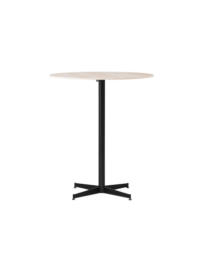 Front view of the Nook Counter Table, featuring a round Kunis Breccia stone tabletop on a black powder-coated steel base.