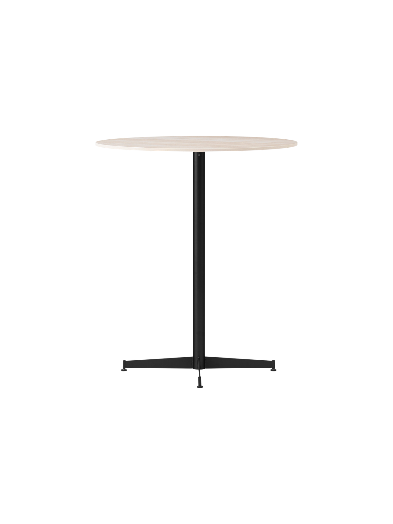 An angled view of the Nook Counter Table, showing its round Kunis Breccia stone top and slender black pedestal base.