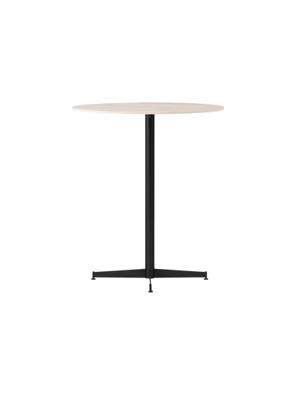 An angled view of the Nook Counter Table, showing its round Kunis Breccia stone top and slender black pedestal base.