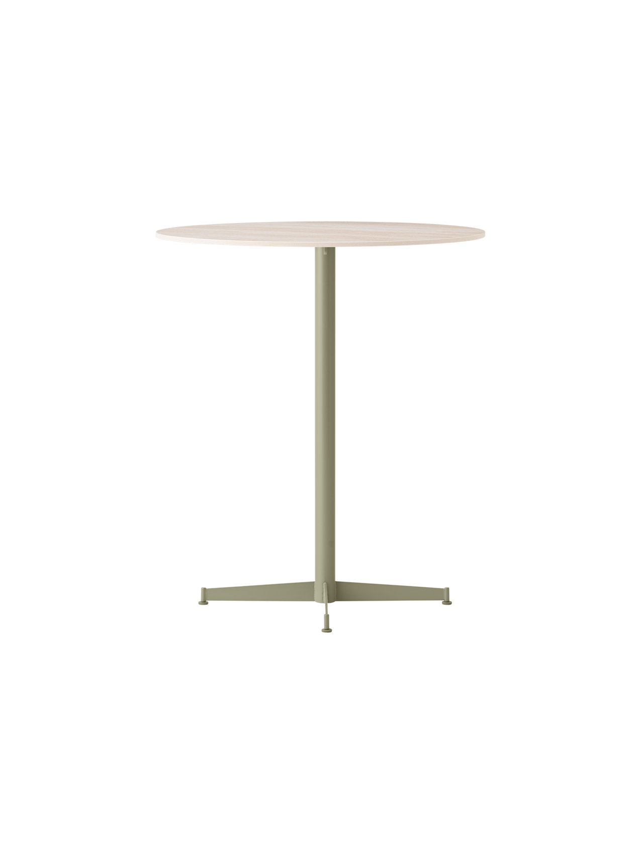 Angled view of the Nook Counter Table with a Kunis Breccia Stone top and an olive-coloured powder-coated steel pedestal base.