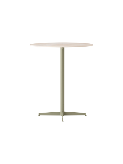 Angled view of the Nook Counter Table with a Kunis Breccia Stone top and an olive-coloured powder-coated steel pedestal base.