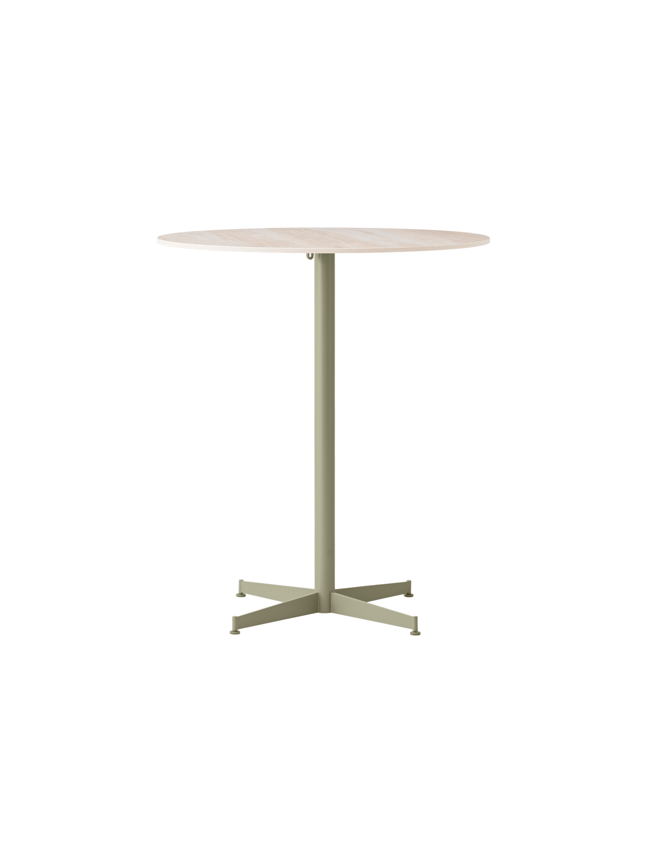 Front view of the Nook Counter Table with a round Kunis Breccia stone top and a four-legged, olive-coloured steel base.