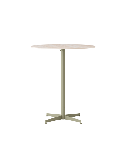 Front view of the Nook Counter Table with a round Kunis Breccia stone top and a four-legged, olive-coloured steel base.